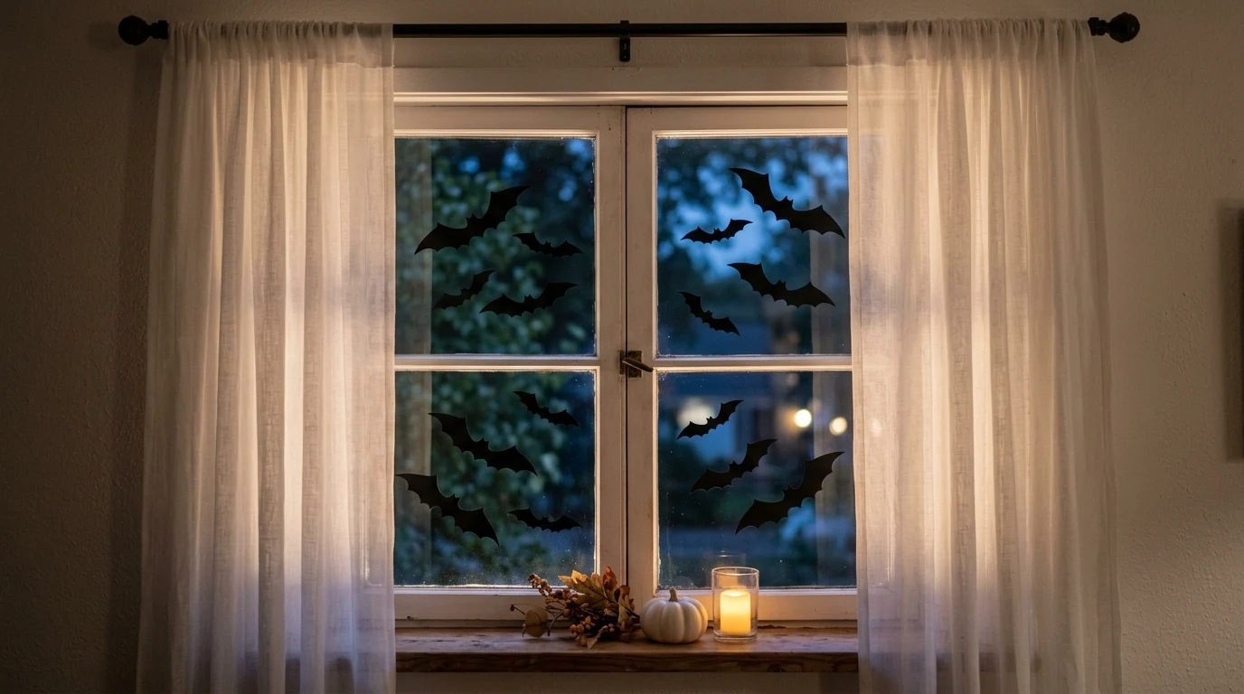 Gothic Halloween mirror display with candles and spooky layered accents.