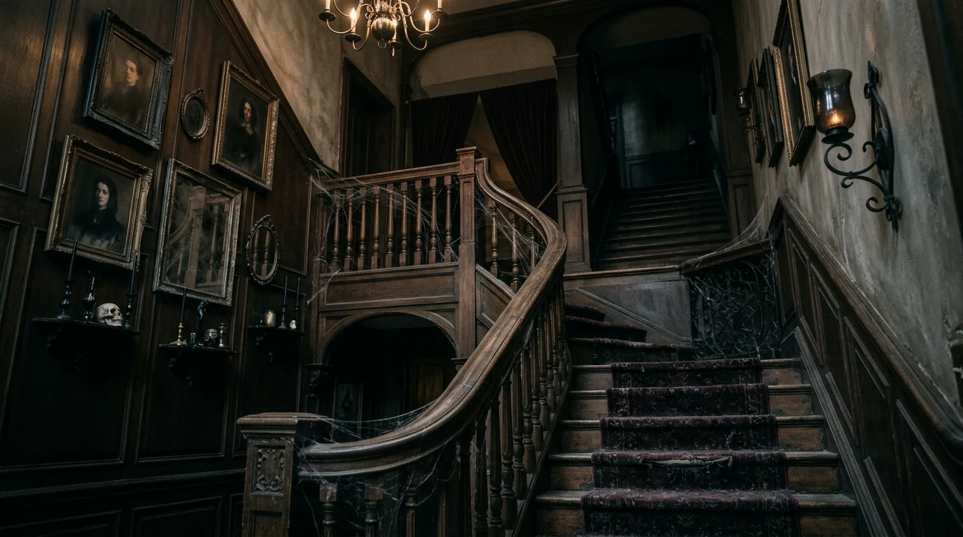 Halloween decor corner with a cauldron and moody glowing accents.