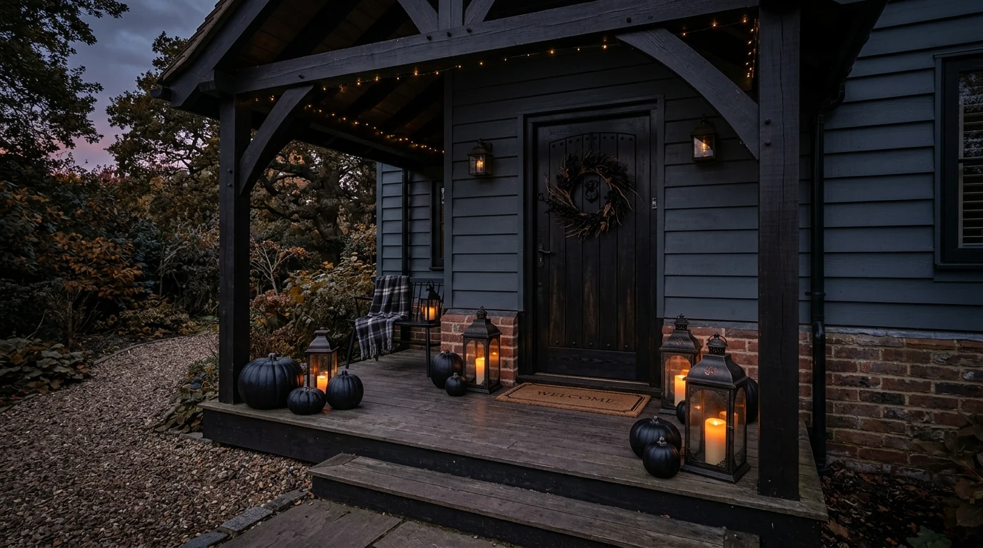 Elegant Halloween living room decorated in black and cream tones.