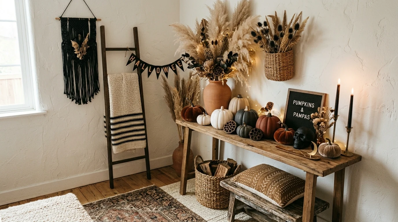 Spooky chic Halloween porch with lanterns and a dark wreath.