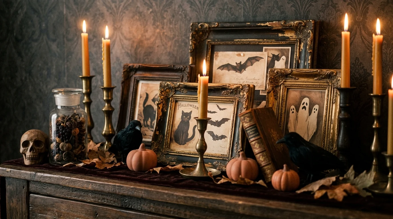 Halloween staircase styled with spider webs and dark seasonal decor.