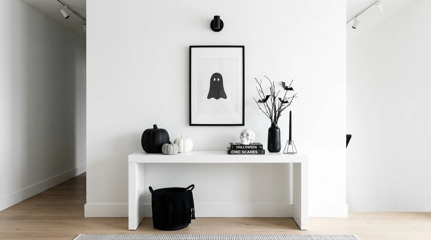 Moody bedroom with subtle Halloween touches and seasonal candlelight.