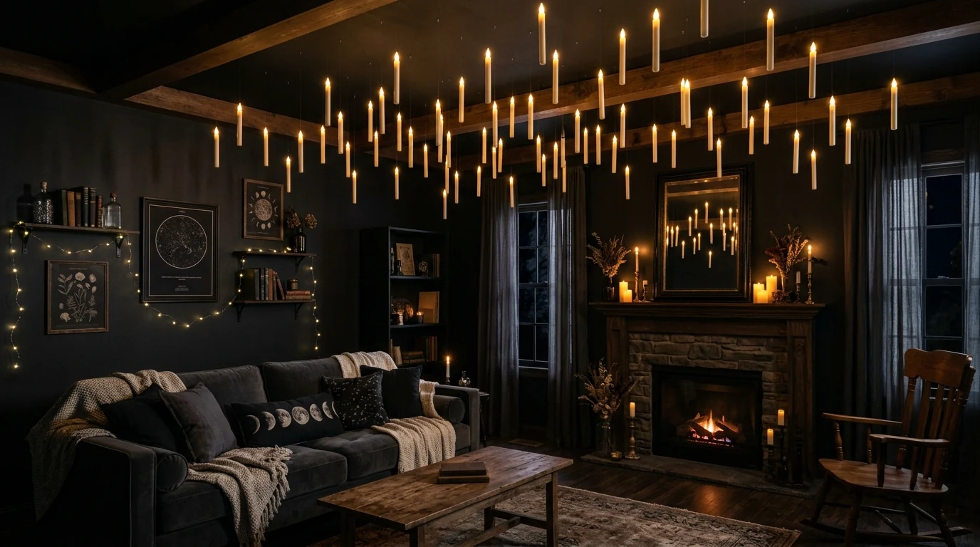 Halloween wall decorated with removable bat decals for easy spooky styling.