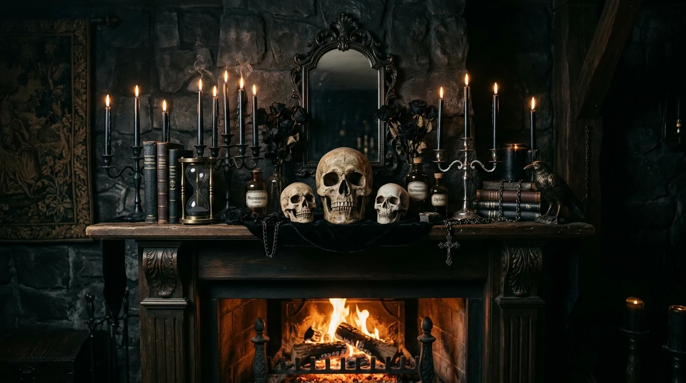 Spooky Halloween decor using black flameless candles for haunted ambiance.