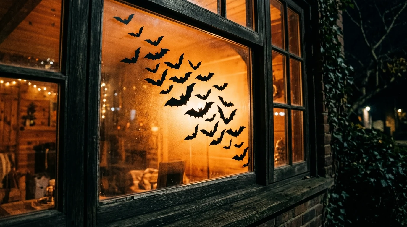 Halloween mantel styled with gauzy fabric for an eerie haunted-house effect.