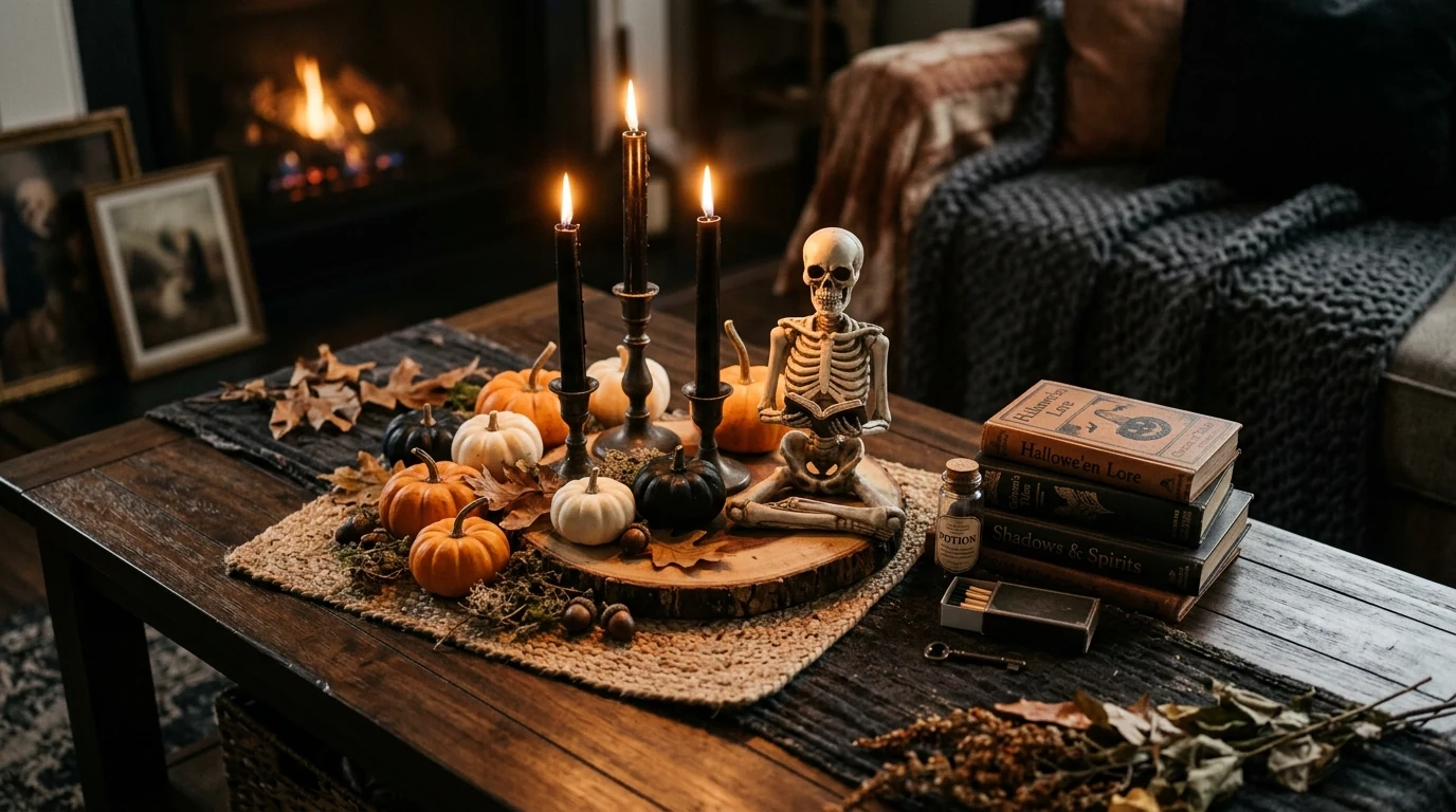 Halloween candy display using a cauldron bowl and spooky seasonal styling.
