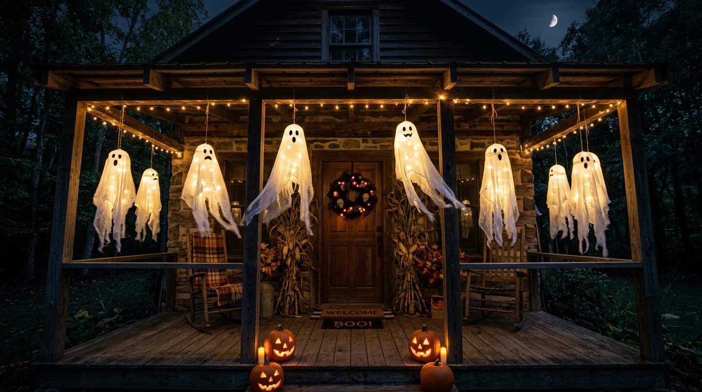 Living room sofa updated with Halloween-themed pillow covers from Amazon.