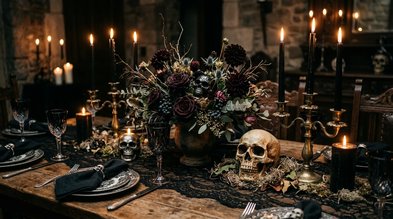 Gothic Halloween decor with raven figurines styled on a shelf or mantel.