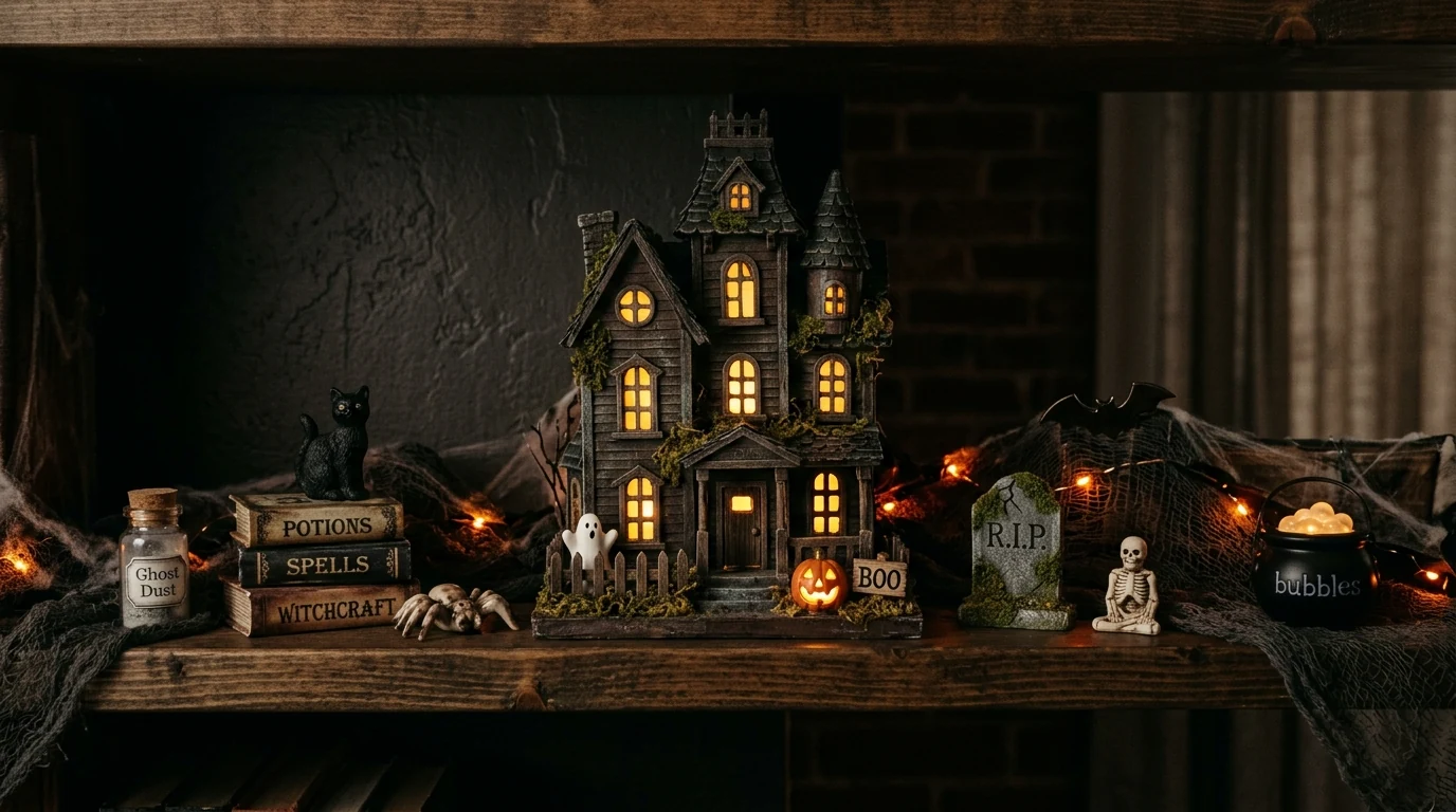 Halloween lantern display filled with spooky decorative accents and lights.