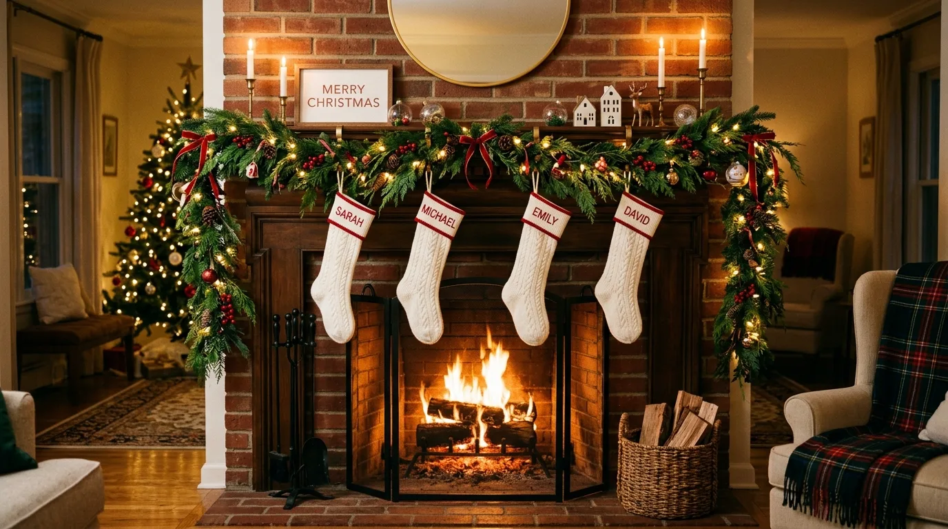 Christmas mantel with evergreen garland, stockings, candles, and a cozy decorated hearth.