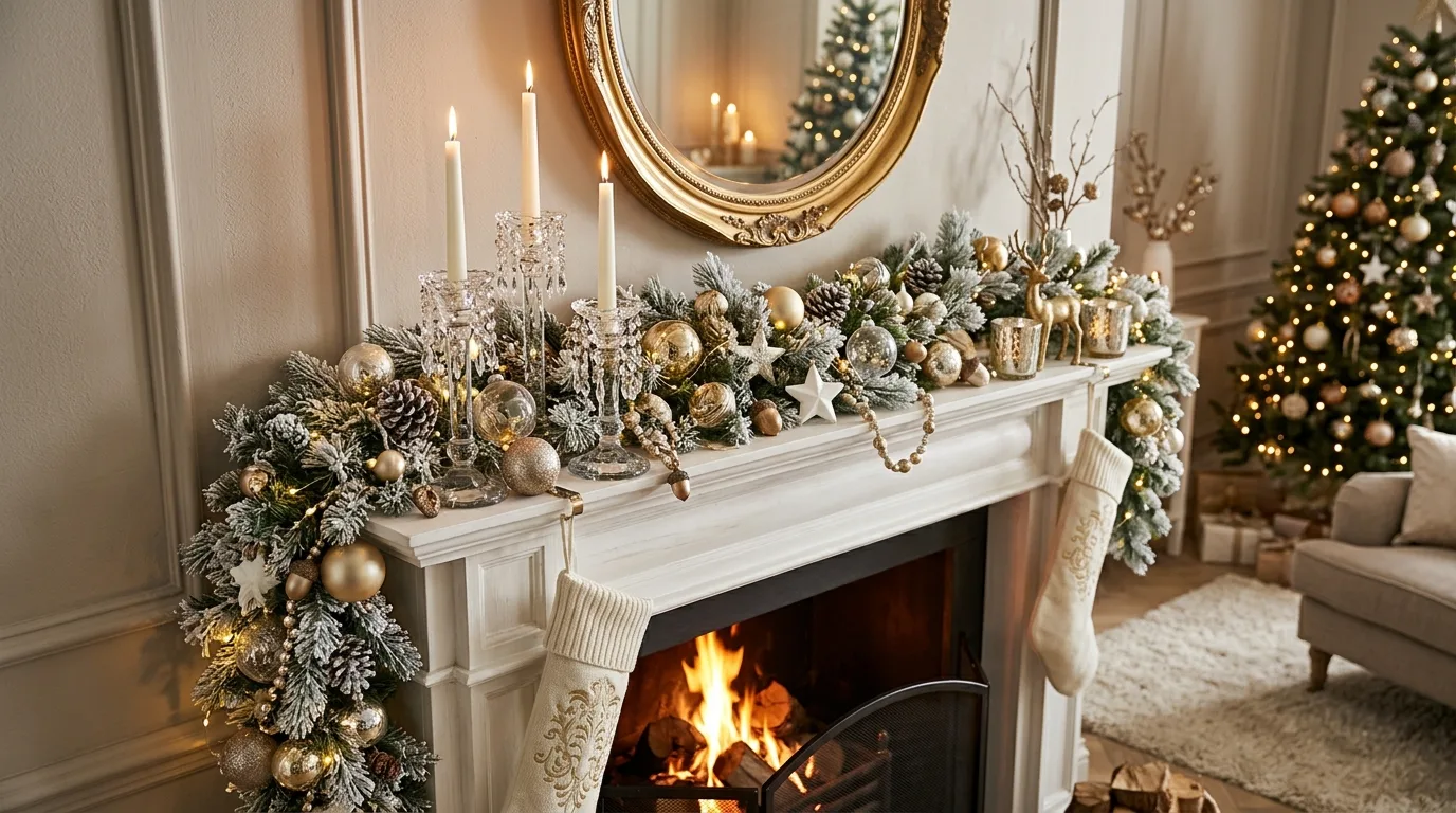 Christmas mantel decorated with large red velvet bows and greenery.