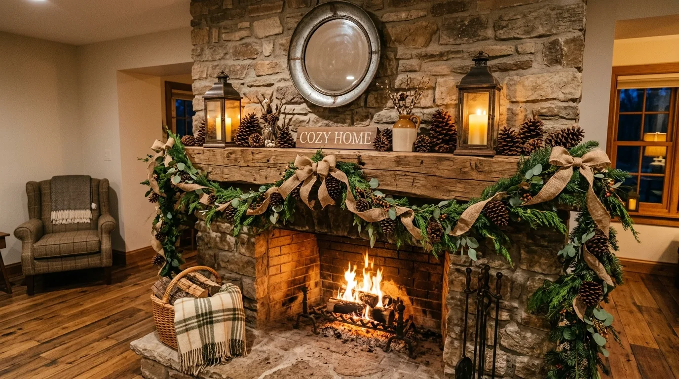 Christmas fireplace hearth styled with lanterns and warm candlelight.