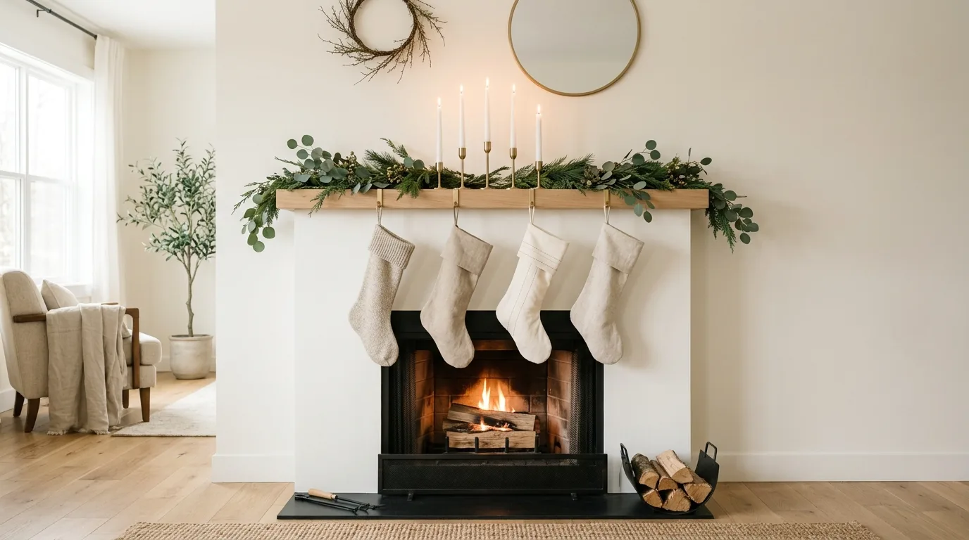 Fireplace mantel with garland framing a mirror for Christmas.