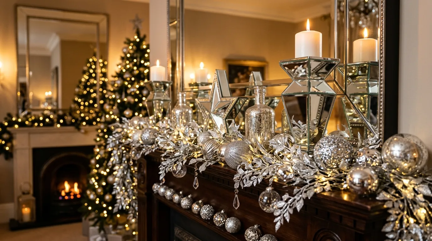 Christmas mantel with flocked greenery and snowy white decor.