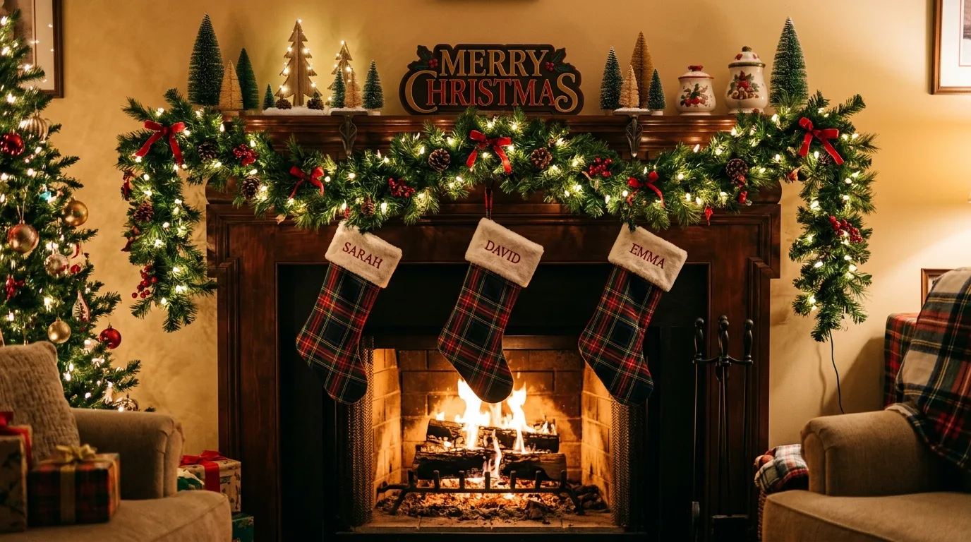 Christmas mantel styled with brass candlesticks and fresh pine greenery.