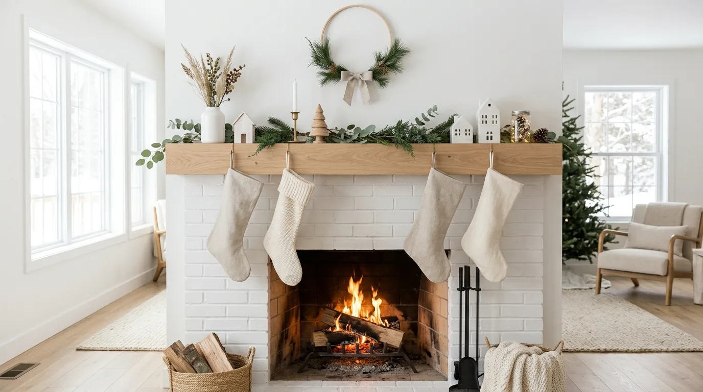 Christmas mantel with wood bead garland, ribbon, and layered greenery.