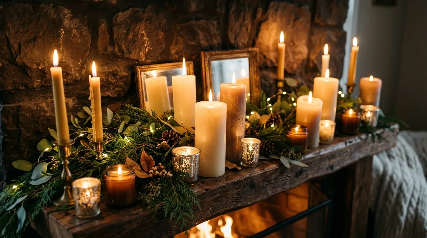 Symmetrical Christmas fireplace styling with mini trees on both sides.