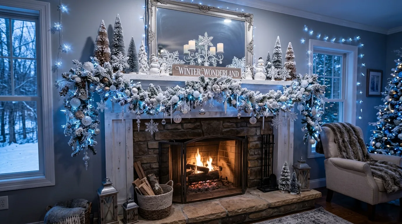 Natural Christmas mantel with dried oranges, pinecones, and greenery.