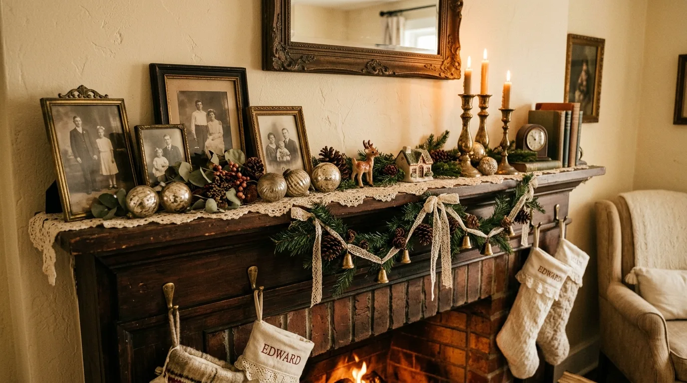 Glam Christmas mantel in black and gold with dramatic holiday styling.