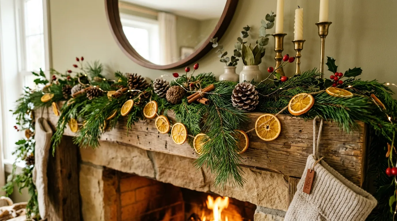 Cozy Christmas mantel with knit stockings and warm candlelight.
