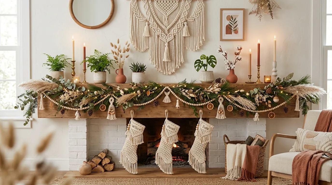 Christmas mantel featuring a row of lit village houses and greenery.