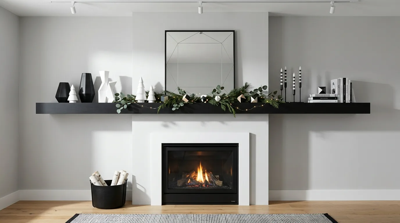 Christmas mantel with layered wood sign, greenery, and candle decor.