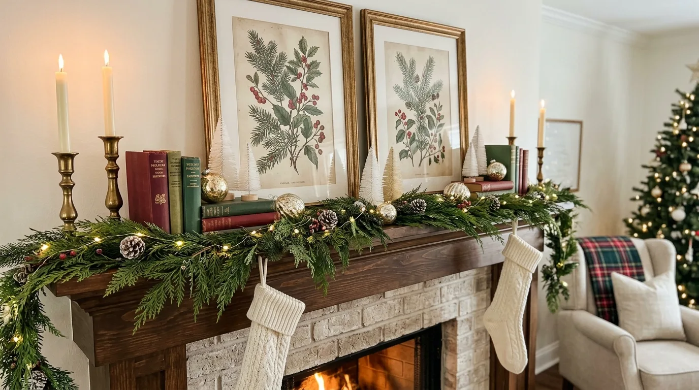 Christmas fireplace with styled hearth baskets, logs, and cozy decor.