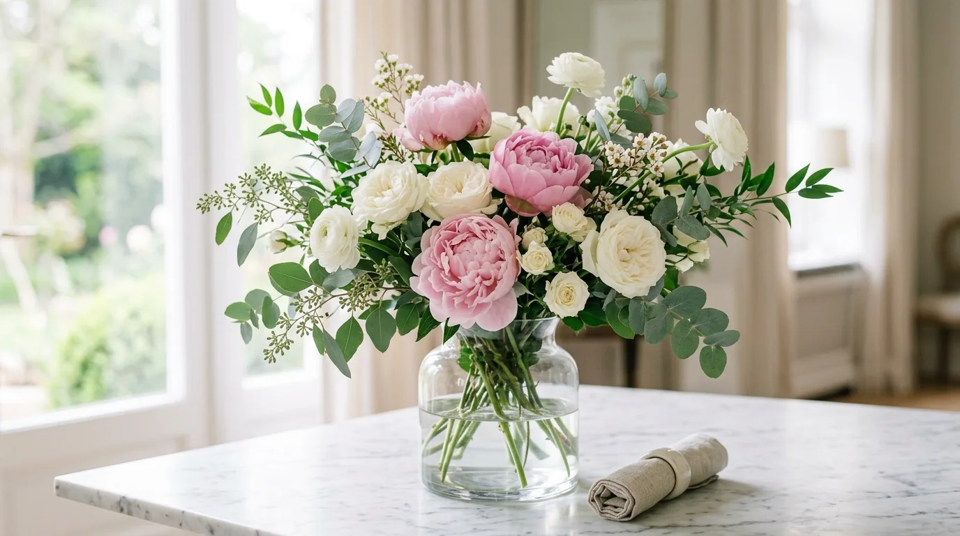 Spring flower arrangement with pink peonies, white flowers, and greenery in a clear glass vase.