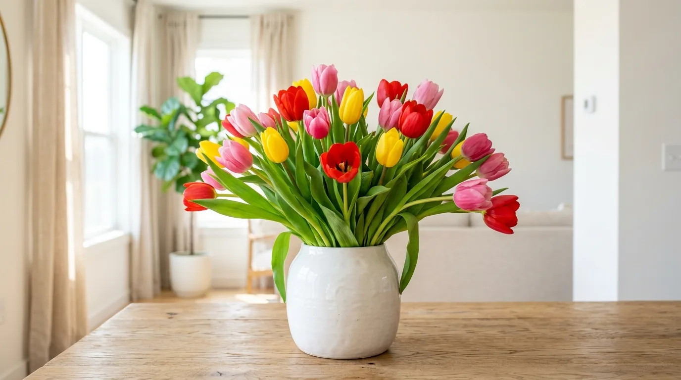 Loose spring tulip arrangement with natural curved stems in a simple vase.