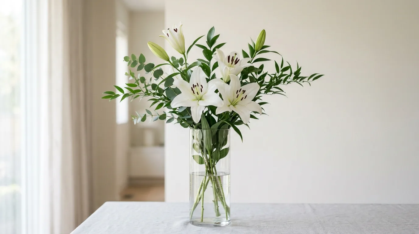 Spring wildflower arrangement displayed in a ceramic pitcher.