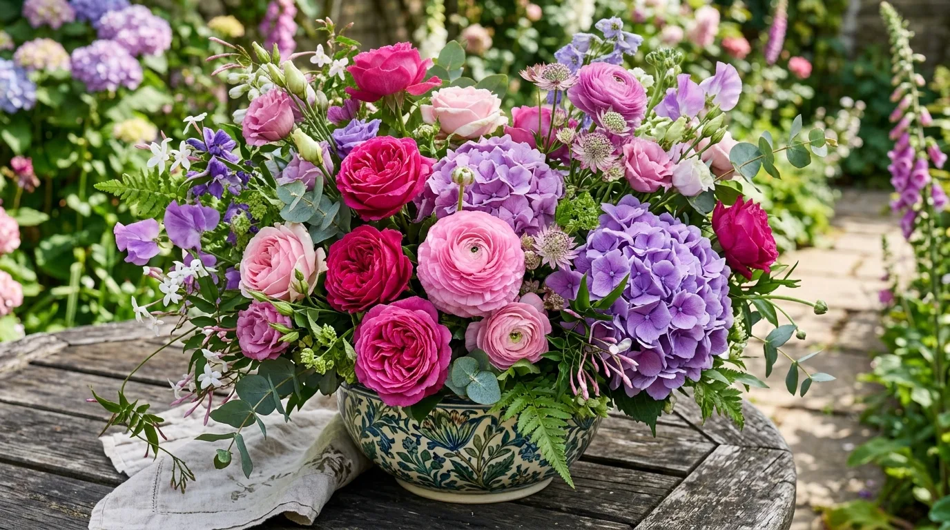 Elegant white spring flower arrangement with soft greenery.