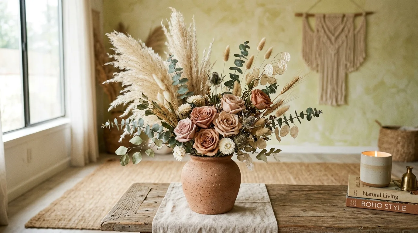 Spring floral arrangement with white blooms and leafy green stems.