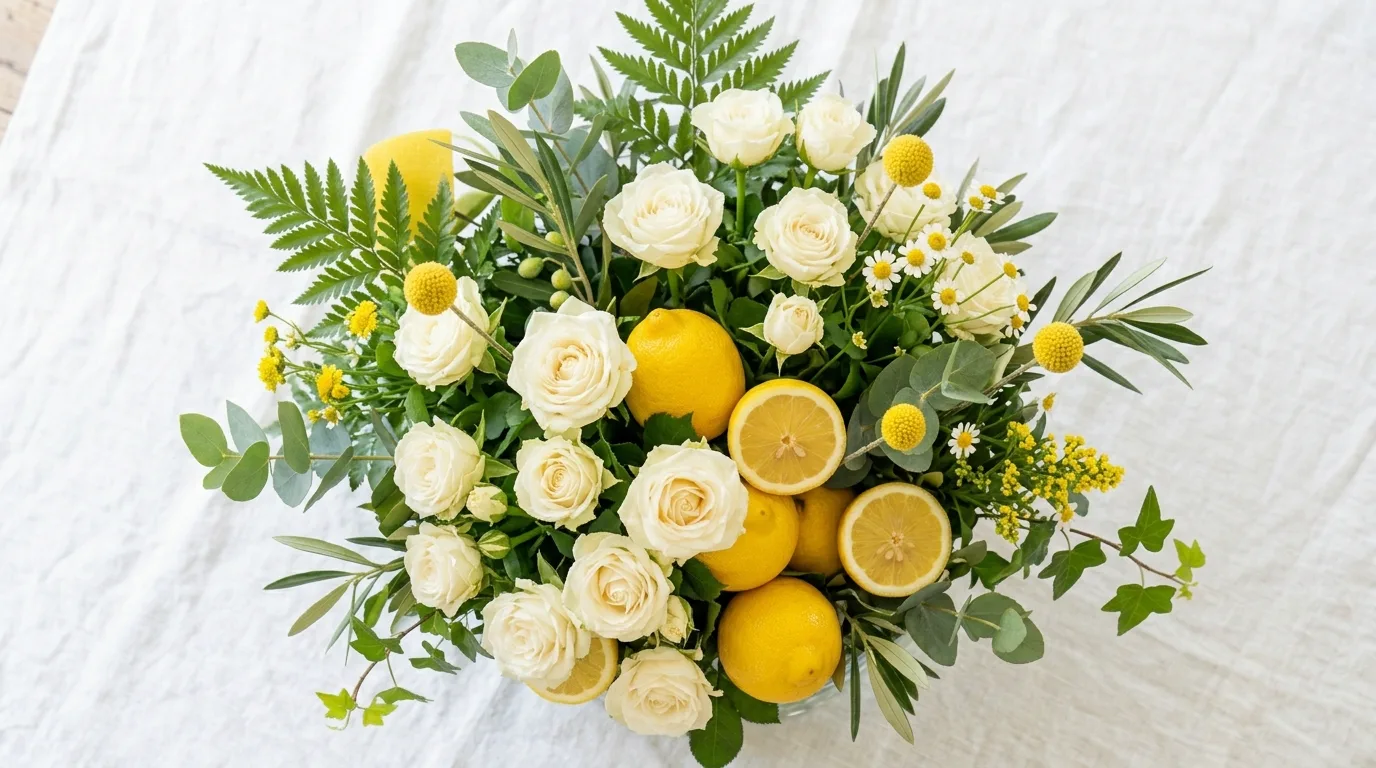 Tall spring arrangement with flowering branches and fresh seasonal blooms.