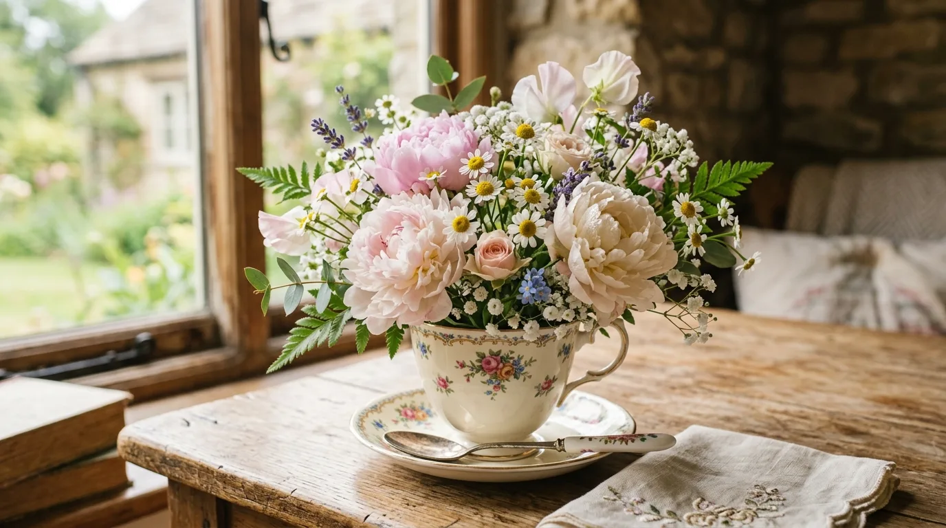 Low spring flower centerpiece styled for a dining table.
