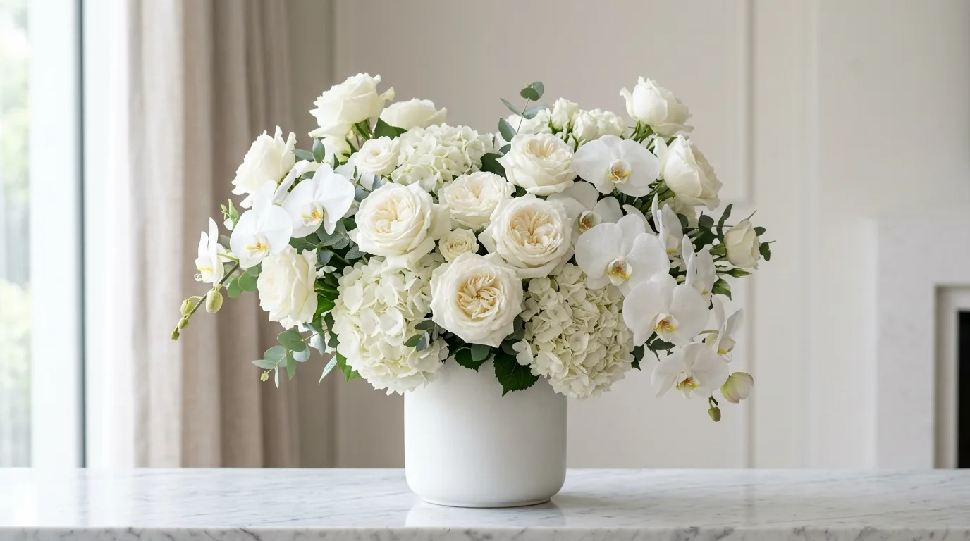Tall spring flower arrangement placed in a foyer or entryway.