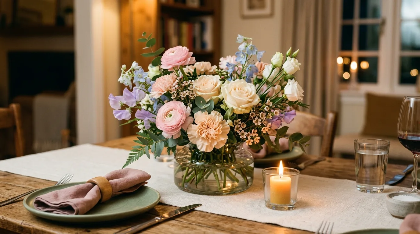 Small spring flower arrangements grouped in mason jars.