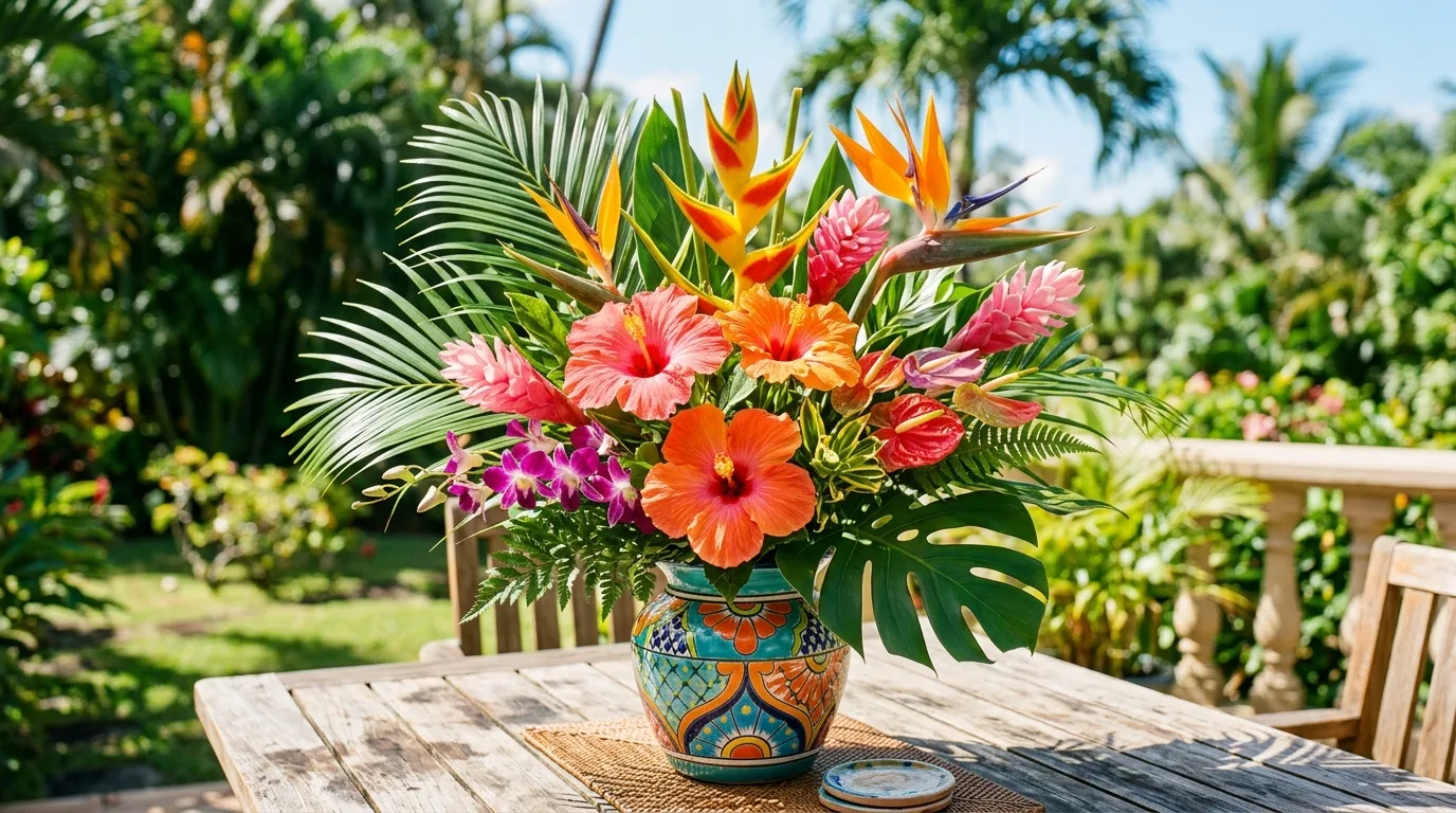 Soft pastel spring flower arrangement styled on a bedroom surface.