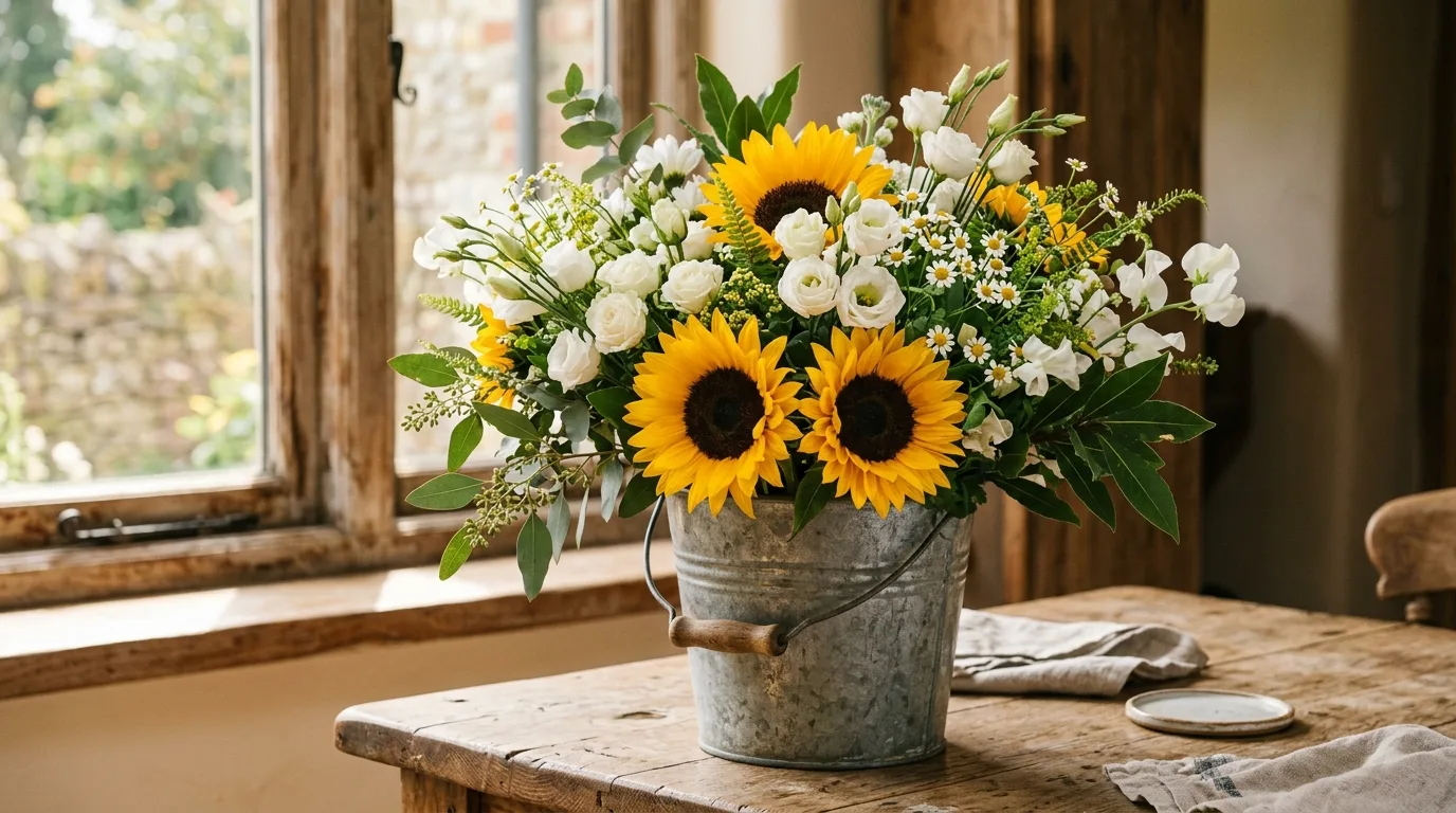 Modern spring floral arrangement with clean lines and structured stems.