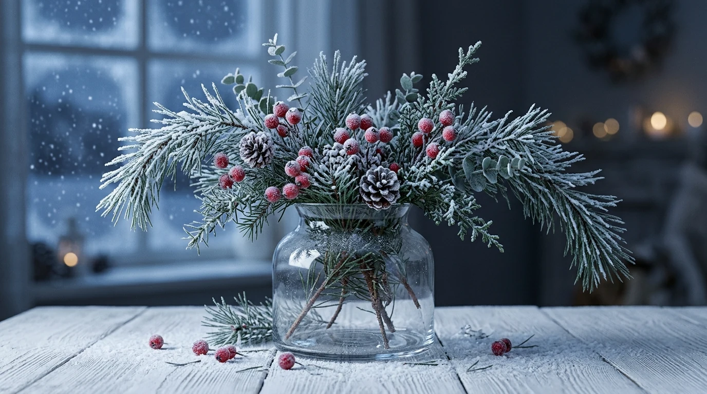 Stunning winter centerpiece creating a frosty seasonal tablescape.