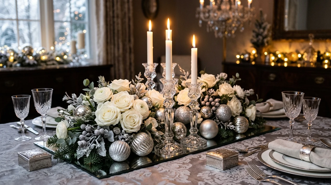Winter table centerpiece with white flowers in a frosty seasonal palette.