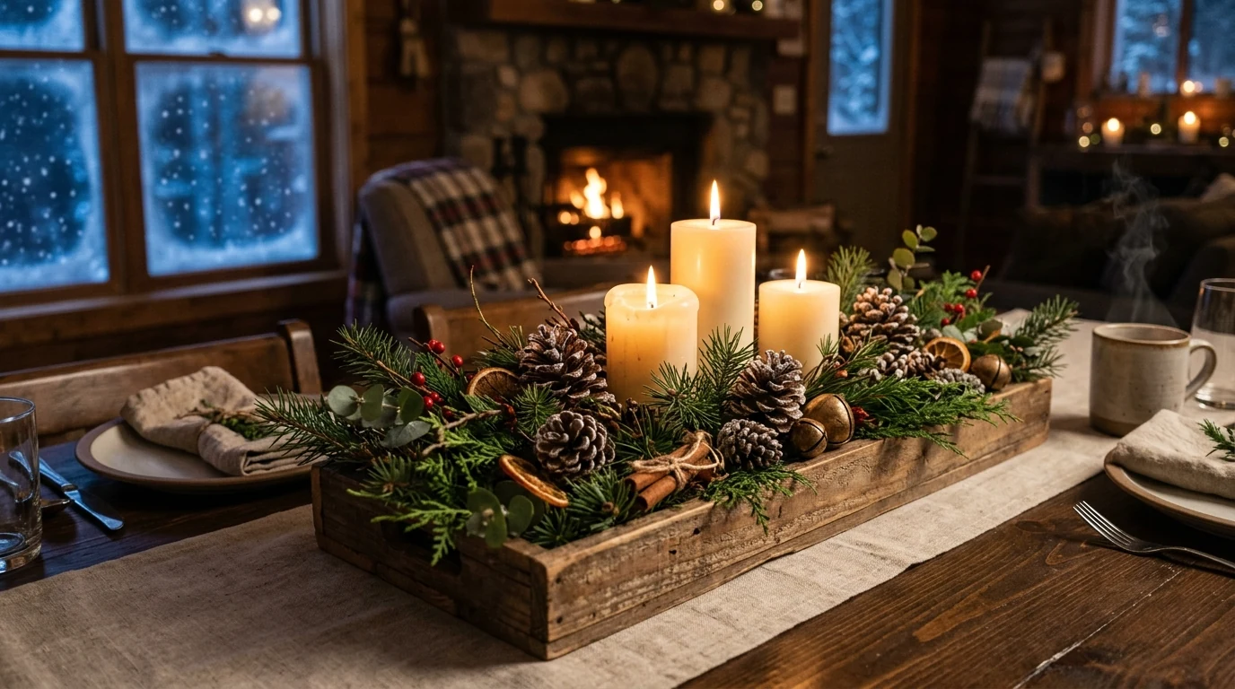 Rustic winter centerpiece using birch logs and pinecones on a dining table.