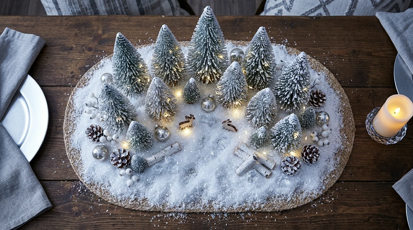 Compote bowl winter centerpiece filled with greens and seasonal accents.