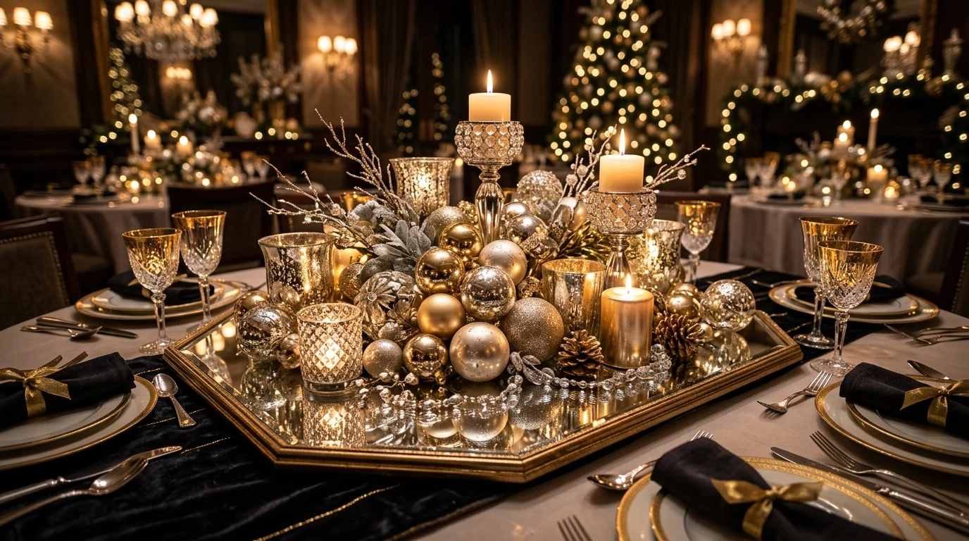 Winter dining centerpiece using oranges, cloves, and evergreen branches.