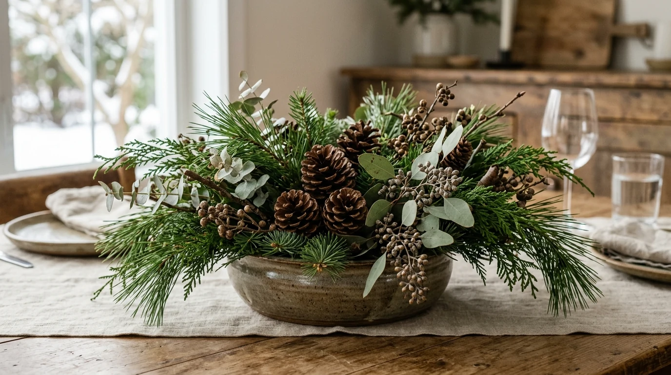 Modern winter centerpiece featuring white branches in a low bowl.