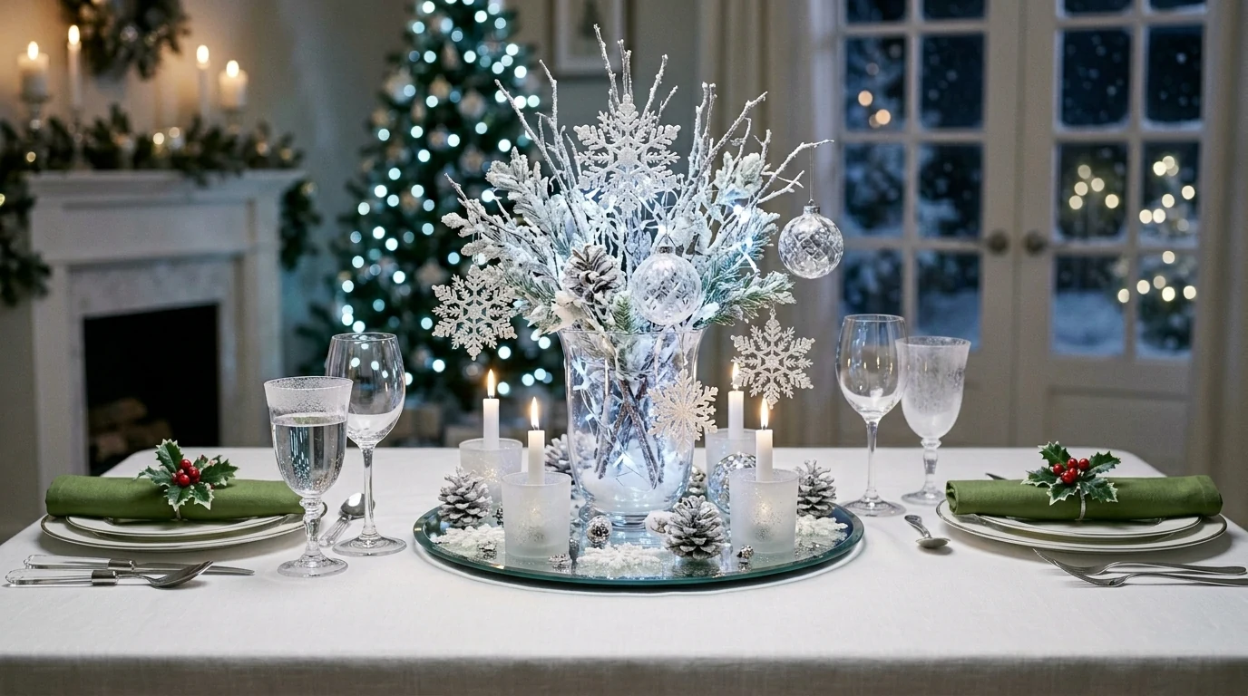 Winter centerpiece with layered candles and snowy decorative accents.