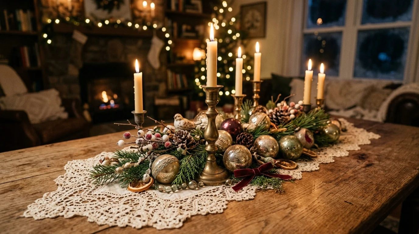 Minimal winter centerpiece with simple greenery and matte stoneware.