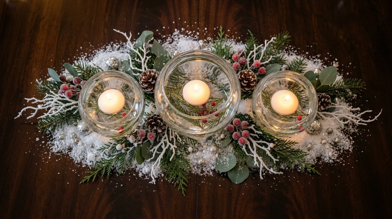 Wooden bowl winter centerpiece styled with natural greenery and pinecones.
