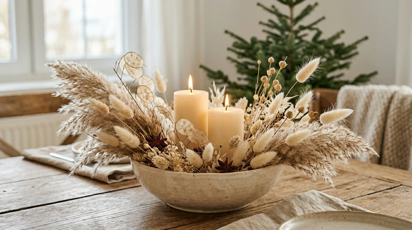 Long winter tablescape decorated with repeated bud vase centerpieces.