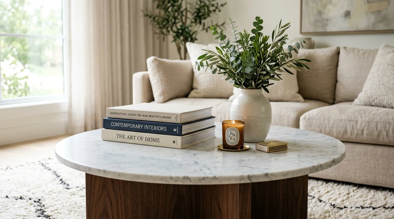Styled coffee table arrangement with a polished designer look.