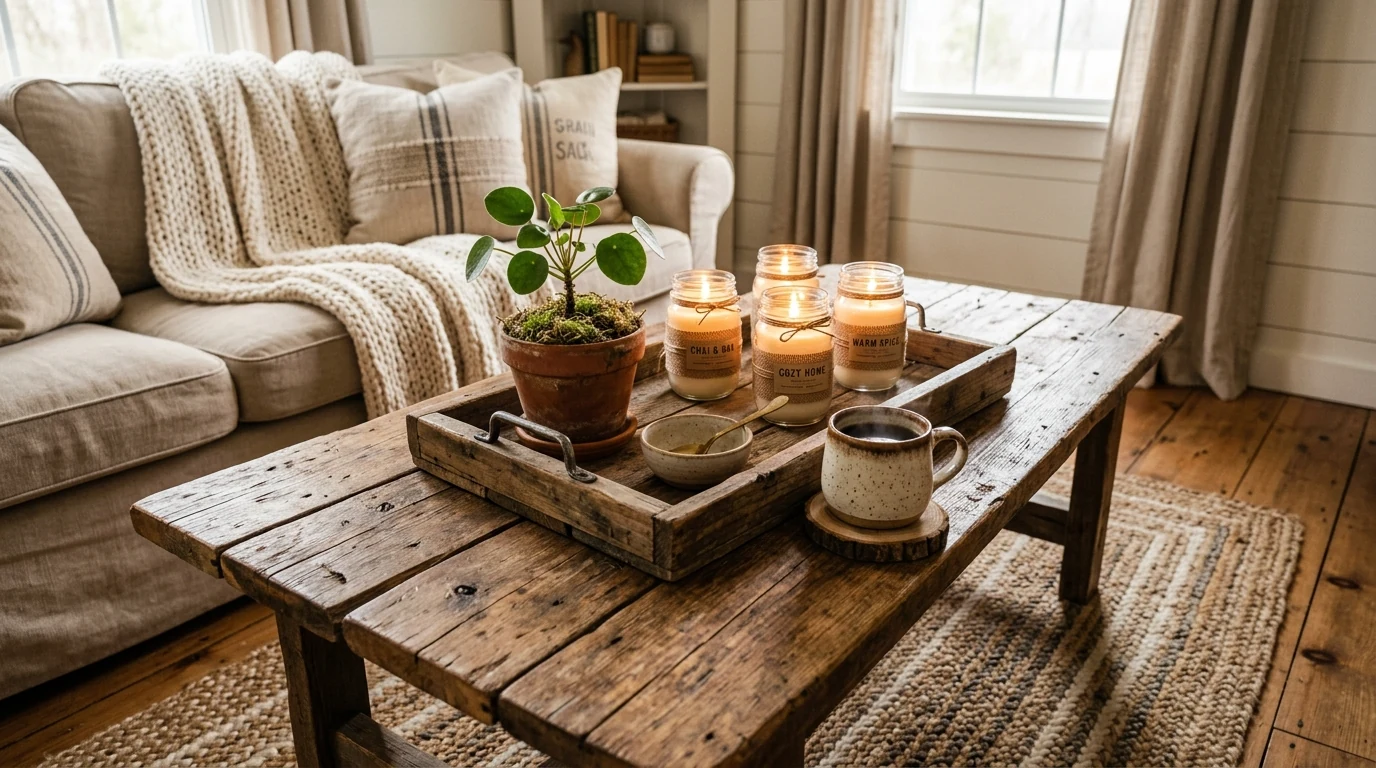 Coffee table styled with a fresh floral arrangement in a low vase.